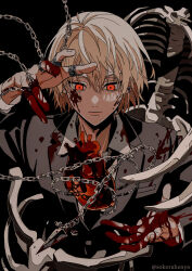 Rule 34 | 1other, androgynous, artist name, black suit, blonde hair, blood, blood on clothes, blood on face, blood on hands, chain, crystal earrings, earrings, expressionless, formal, heart (organ), highres, hunter x hunter, jewelry, kurapika, long sleeves, multiple rings, nen (hunter x hunter), red eyes, ribs, ring, shirt, short hair, simple background, sokorahenyo, solo, spine, suit, thumb ring, upper body, white shirt