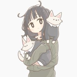 Rule 34 | 1girl, animal, black eyes, black hair, blush, bright pupils, cat, closed mouth, east sha2, green sweater, highres, holding, holding animal, long sleeves, looking at viewer, medium hair, messy hair, original, simple background, sleeves past wrists, smile, solo, sweater, upper body, white background, white pupils