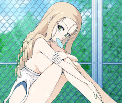Rule 34 | 1girl, blonde hair, blue one-piece swimsuit, breasts, drill hair, fence, food, food in mouth, girls und panzer, green eyes, large breasts, long hair, looking at viewer, looking to the side, marie (girls und panzer), one-piece swimsuit, outdoors, popsicle, popsicle in mouth, rebirth42000, sideboob, sitting, solo, swimsuit