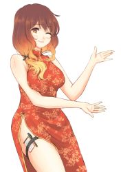 Rule 34 | 1girl, ;), alternate costume, alternate hairstyle, bare shoulders, blonde hair, blush, breasts, brown hair, china dress, chinese clothes, cowboy shot, dress, floral print, gradient hair, hijiri byakuren, long hair, looking at viewer, low ponytail, mayoln, medium breasts, multicolored hair, notepad, one eye closed, pen, side slit, sleeveless, sleeveless dress, smile, solo, thigh strap, touhou, white background