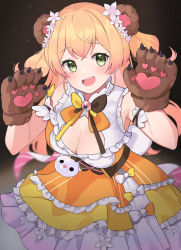 Rule 34 | 1girl, animal ears, animal hands, arm garter, bear ears, black background, blonde hair, blush, bow, breasts, brown bow, cleavage, cleavage cutout, clothing cutout, commentary, cowboy shot, dress, fake animal ears, flower, frilled dress, frills, gloves, gradient hair, green eyes, hair flower, hair ornament, heart, highres, hololive, light particles, long hair, looking at viewer, medium breasts, momosuzu nene, multicolored bow, multicolored hair, open mouth, orange bow, orange dress, paw gloves, pink hair, simple background, smile, solo, two-tone hair, virtual youtuber, yellow bow, yudetama