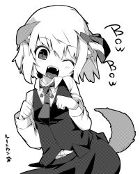 Rule 34 | 1girl, ;d, animal ears, blush, dog ears, dog tail, female focus, greyscale, highres, kemonomimi mode, looking at viewer, monochrome, necktie, one eye closed, open mouth, rumia, shamo (koumakantv), short hair, skirt, smile, solo, tail, touhou, translation request, white background, wink