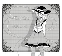Rule 34 | 1girl, :d, arms at sides, ascot, bad id, bad pixiv id, blouse, character name, feet out of frame, flower, frilled shirt collar, frilled skirt, frills, greyscale, hair between eyes, hat, hat flower, highres, inactive account, komeiji koishi, long sleeves, looking at viewer, medium hair, monochrome, one eye covered, open mouth, pantyhose, safe3133, shirt, skirt, smile, solo, symbol-only commentary, third eye, touhou, translated