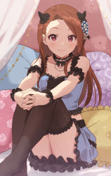 Rule 34 | 1girl, absurdres, bed, black thighhighs, blue skirt, blush, brown hair, canopy bed, choker, closed mouth, commentary, crop top, emu (emum), fake horns, forehead, hands on own knees, highres, horns, idolmaster, idolmaster (classic), idolmaster million live!, idolmaster million live! theater days, long hair, minase iori, pillow, pink eyes, sitting, skirt, smile, solo, thighhighs, thighs, zettai ryouiki