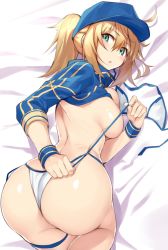 Rule 34 | 1girl, ahoge, aqua eyes, artoria pendragon (fate), ass, back, baseball cap, bikini, blonde hair, blue hat, blush, breast press, breasts, commentary request, fate/grand order, fate (series), from above, hair between eyes, hair through headwear, hat, highres, hip focus, large breasts, long hair, looking at viewer, looking back, mysterious heroine x (fate), mysterious heroine xx (fate), open mouth, parted lips, ponytail, shiny skin, shrug (clothing), shunichi, side-tie bikini bottom, sideboob, skindentation, solo, swimsuit, thigh strap, thighs, top-down bottom-up, untied bikini, untying, unworn bikini top, white bikini, wristband
