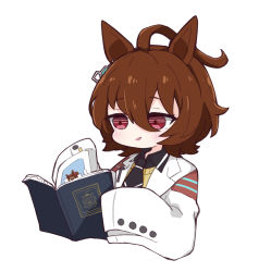 Rule 34 | 1girl, agnes tachyon (umamusume), ahoge, animal ears, black neckwear, black shirt, blush, book, bookmark, brown hair, collared shirt, commentary request, cropped torso, daiwa scarlet (umamusume), hair between eyes, highres, holding, holding book, horse ears, lab coat, long sleeves, nozo (hitomiz), open book, open clothes, parted lips, red eyes, shirt, simple background, sleeves past fingers, sleeves past wrists, smirk, solo, sweater vest, umamusume, upper body, white background
