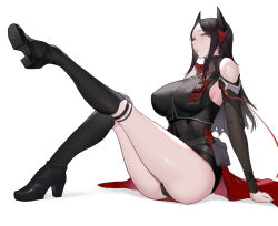 Rule 34 | 1girl, absurdres, arknights, bare shoulders, black footwear, black hair, black nails, black panties, black sleeves, boots, breasts, chong (547342983), demon horns, detached sleeves, full body, high heel boots, high heels, highres, horns, ines (arknights), knee boots, knee pads, large breasts, leg up, legs, long hair, looking at viewer, nail polish, panties, parted bangs, parted lips, sitting, sleeveless turtleneck dress, solo, thighs, underwear, waist cape, white background, yellow eyes
