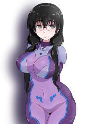 Rule 34 | 1girl, arms behind back, black hair, bodysuit, breasts, brown eyes, covered navel, glasses, highres, kanata no astra, large breasts, long hair, looking at viewer, mole, mole under mouth, osage gankyou, purple bodysuit, simple background, solo, standing, very long hair, white background, yunhua lu
