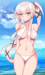 1girl absurdres alternate_costume bikini blue_sky blush breasts brown_eyes cloud cowboy_shot criss-cross_halter day gluteal_fold hair_ribbon halterneck highres itsuya_(hmizugucti) kantai_collection large_breasts long_hair looking_at_viewer multi-strapped_bikini_bottom navel ocean outdoors pink_hair ponytail ribbon sky sling_bikini_top solo standing swimsuit very_long_hair white_bikini yura_(kancolle)