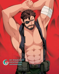 Rule 34 | 1boy, abs, armpits, arms up, bandaged arm, bandages, bara, bare pectorals, beard, brown hair, camouflage, camouflage pants, dakimakura (medium), eyepatch, facial hair, from above, headband, large pectorals, lying, mature male, metal gear (series), metal gear solid, mitgard-knight, muscular, muscular male, mustache, navel, nipples, old snake, on back, pants, pectorals, sanpaku, solo, stomach, strongman waist, thick eyebrows, thick mustache