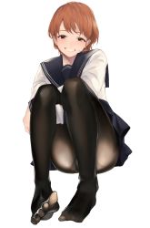 Rule 34 | 1girl, absurdres, akito (d30n26), arm across waist, arm at side, black pantyhose, blue sailor collar, blue skirt, blush, brown eyes, brown hair, commentary request, feet, full body, grin, highres, long sleeves, looking at viewer, neckerchief, open mouth, original, panties, panties under pantyhose, pantyhose, parted lips, pleated skirt, red neckerchief, sailor collar, shirt, short hair, simple background, sitting, skirt, smile, solo, toenails, toes, underwear, white background, white panties, white shirt