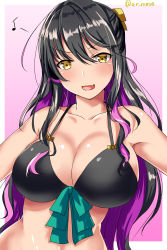 Rule 34 | &gt;:d, 1girl, :d, absurdres, ar (lover boy), bikini, black bikini, black hair, breasts, cleavage, collarbone, fang, highres, kantai collection, large breasts, long hair, looking at viewer, multicolored hair, musical note, naganami (kancolle), open mouth, purple hair, quaver, smile, solo, swimsuit, twitter username, upper body, v-shaped eyebrows, white border, yellow eyes
