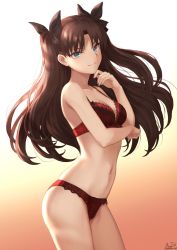 Rule 34 | 1girl, aqua eyes, bare arms, bare legs, bare shoulders, black ribbon, blush, bow, bow bra, bow panties, bra, breasts, brown hair, cleavage, closed mouth, collarbone, commentary request, fate/stay night, fate (series), floating hair, gradient background, hair ribbon, hand on own chin, hand up, highres, lace, lace-trimmed bra, lace-trimmed panties, lace trim, legs, lingerie, long hair, looking at viewer, mashuu (neko no oyashiro), navel, neck, panties, parted bangs, red bra, red panties, ribbon, small breasts, smile, solo, standing, stomach, thighs, tohsaka rin, two side up, type-moon, underwear, underwear only