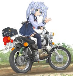 Rule 34 | 1girl, ankle boots, aqua eyes, black thighhighs, blue hair, blue shirt, blue skirt, boots, brown footwear, camera, carrying, closed mouth, commentary request, dirt road, from side, high-waist skirt, highres, leaning forward, logo, looking back, mikeran (mikelan), miniskirt, motor vehicle, motorcycle, neckerchief, original, partial commentary, plant, pleated skirt, red neckerchief, road, school uniform, serafuku, shirt, single horizontal stripe, skirt, smile, solo, standing, thighhighs, twintails, w, waving, white background, yamaha, yamaha gt50