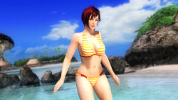 Rule 34 | 1girl, 3d, alternate costume, beach, bikini, breasts, cleavage, cloud, dead or alive, dead or alive 5, dutch angle, highres, large breasts, looking at viewer, mila (doa), navel, ocean, official art, official wallpaper, open mouth, outdoors, red hair, screencap, short hair, sky, solo, spaniard, spanish (nationality), striped bikini, striped clothes, swimsuit, tecmo, wallpaper