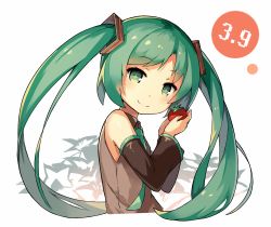 Rule 34 | 1girl, 39, blush, detached sleeves, green eyes, green hair, hatsune miku, lino-lin, long hair, looking at viewer, matching hair/eyes, simple background, smile, solo, tomato, twintails, vocaloid, white background