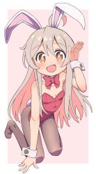 Rule 34 | 1girl, :d, ahoge, animal ears, bare arms, bare shoulders, black pantyhose, border, bow, bowtie, breasts, brown eyes, collarbone, colored inner hair, commentary, detached collar, full body, godyuurei, grey hair, hair between eyes, hand up, highres, kneeling, leotard, light blush, looking at viewer, multicolored hair, no shoes, onii-chan wa oshimai!, open mouth, oyama mahiro, pantyhose, pink background, pink hair, playboy bunny, rabbit ears, rabbit tail, red bow, red bowtie, red leotard, simple background, small breasts, smile, solo, tail, two-tone hair, white border, wrist cuffs