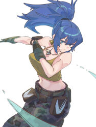 Rule 34 | 1girl, armlet, belt, blue eyes, blue hair, breasts, camouflage, camouflage pants, dog tags, earrings, gloves, highres, jewelry, large breasts, leona heidern, long hair, navel, ooiwa (irc14786149), pants, side ponytail, simple background, slashing, solo, tank top, the king of fighters, the king of fighters xv, triangle earrings, white background, yellow tank top