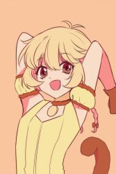 Rule 34 | 1girl, :d, absurdres, armpits, blonde hair, brown eyes, choker, detached sleeves, fong pudding, gloves, hair between eyes, highres, leotard, magical girl, mew pudding, monkey tail, open mouth, puffy detached sleeves, puffy sleeves, short hair, simple background, smile, solo, tail, tokyo mew mew, yaya chan, yellow background, yellow leotard, yellow theme