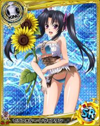 Rule 34 | 10s, 1girl, artist request, black hair, breasts, card (medium), character name, chess piece, cleavage, clothes lift, dress, dress lift, flower, hair ribbon, high school dxd, jewelry, king (chess), large breasts, long hair, magic circle, necklace, official art, purple eyes, ribbon, serafall leviathan, solo, sunflower, torn clothes, trading card, twintails, underwear