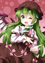 Rule 34 | 1girl, bird wings, brown dress, brown headwear, collared shirt, cosplay, dotted background, dress, feathered wings, feathers, frog hair ornament, gradient background, green eyes, green hair, hair ornament, highres, juliet sleeves, kochiya sanae, long hair, long sleeves, looking at viewer, mystia lorelei, mystia lorelei (cosplay), one eye closed, open mouth, pink background, puffy sleeves, ruu (tksymkw), shirt, smile, snake hair ornament, solo, touhou, white feathers, white shirt, white wings, winged hat, wings