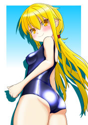 Rule 34 | 1girl, absurdres, alternate costume, arms at sides, ass, blonde hair, blue background, blue one-piece swimsuit, border, commentary request, cowboy shot, daichi (daiti1318), from behind, from below, from side, gradient background, hair between eyes, head tilt, highres, kantai collection, legs together, long hair, looking at viewer, looking back, low twintails, one-piece swimsuit, outside border, satsuki (kancolle), school swimsuit, skin tight, solo, swimsuit, thighs, twintails, very long hair, white background, white border, yellow eyes