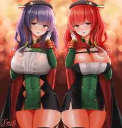 Rule 34 | 2girls, absurdres, aiguillette, azur lane, beret, black cape, black hairband, black legwear, blunt bangs, blush, bra visible through clothes, breasts, cape, center frills, cleavage, commentary request, cowboy shot, dated, dress, epaulettes, framed breasts, frills, garter straps, green dress, hairband, hand on own chest, hand up, hat, highres, hisin, italian flag, large breasts, long hair, long sleeves, looking at viewer, multiple girls, panties, pantyshot, parted lips, pola (azur lane), purple hair, red cape, red eyes, red hair, shirt, short dress, side-by-side, sidelocks, signature, skindentation, standing, taut clothes, taut dress, thighhighs, twintails, two-tone cape, underwear, white shirt, zara (azur lane)