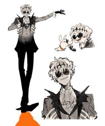 1boy bishounen black_crown crown dog formal ghost halloween hand_on_own_chest highres jack_skellington jacket komarou_(4km_ro) long_sleeves looking_at_viewer male_focus open_mouth outstretched_hand pants pinstripe_pattern pinstripe_suit ribs round_eyewear short_hair skeleton smile smirk solo stitches striped_clothes striped_jacket suit tall the_nightmare_before_christmas twisted_wonderland white_hair zero_(nbc)