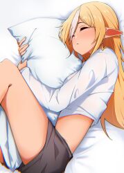 Rule 34 | 1girl, alternate costume, black shorts, blonde hair, blush, body pillow, breasts, casual, chromatic aberration, closed eyes, closed mouth, commentary, dark-skinned female, dark skin, feet out of frame, fetal position, highres, hololive, long hair, long sleeves, lying, medium breasts, midriff, multicolored hair, hugging object, on bed, on side, pillow, pillow hug, pointy ears, shiranui flare, shirt, short shorts, shorts, sleeping, solo, two-tone hair, virtual youtuber, white hair, white shirt, yamaki (yamaki801)