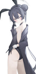 Rule 34 | 1girl, absurdres, ahr tato, alternate costume, animal ears, ass, bare shoulders, black gloves, black hair, black leotard, blue archive, blue eyes, breasts, double bun, fake animal ears, gloves, grey halo, hair bun, halo, highres, kisaki (blue archive), leotard, long hair, looking at viewer, playboy bunny, rabbit ears, small breasts, solo, twintails, very long hair