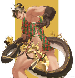 Rule 34 | 1boy, abs, absurdres, arknights, ass, bara, black hair, china dress, chinese clothes, chong yue (arknights), dragon boy, dragon horns, dragon tail, dress, earrings, haruki (haruki096), highres, horns, jewelry, large pectorals, male focus, multicolored hair, muscular, muscular male, nipples, open mouth, pectorals, pointy ears, short hair, smile, solo, tail, thick thighs, thighs, two-tone hair, white hair