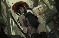 Rule 34 | 1girl, bandages, black hair, breasts, from below, gloves, hat, highres, holding, holding sword, holding weapon, katana, leg tattoo, looking at viewer, medium breasts, mole, mole under mouth, neo (neorarty3), original, rain, short hair, side-tie dress, sideboob, smoking, smoking pipe, stomach tattoo, straw hat, sunglasses, sword, tattoo, thighhighs, weapon, weapon on back
