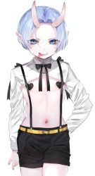 Rule 34 | 1boy, blue eyes, blue hair, child, covered erect nipples, heart pasties, highres, horns, male focus, matching hair/eyes, midriff, navel, nekometaru, oni, original, pasties, pointy ears, ribbon, shorts, simple background, single horn, solo, standing, suspenders, tongue, tongue out, white background