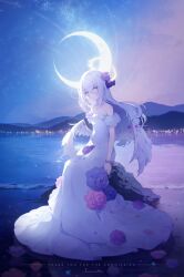 Rule 34 | 1girl, absurdres, angel wings, azusa (blue archive), blue archive, cityscape, commentary request, commission, crossed bangs, dress, english text, flower, frilled dress, frills, hair between eyes, hair flower, hair ornament, halo, highres, long hair, looking at viewer, low wings, moon, night, off-shoulder dress, off shoulder, pink flower, purple eyes, purple flower, qingshanbm, sitting, solo, very long hair, water, white dress, white hair, white wings, wing ornament, wings, yellow halo