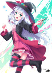 Rule 34 | 1girl, artist name, black coat, black footwear, black hat, blush, boots, coat, commentary request, cross-laced footwear, dated, electricity, green eyes, hair between eyes, hair ribbon, hat, head tilt, high-waist skirt, holding, holding wand, kaie, lace-up boots, long hair, long sleeves, open clothes, open coat, open mouth, original, pink shirt, pink skirt, pleated skirt, red ribbon, ribbon, shirt, sidelocks, silver hair, skirt, solo, standing, standing on one leg, striped clothes, striped legwear, striped thighhighs, teeth, thighhighs, tress ribbon, upper teeth only, very long hair, wand, wide sleeves, witch, witch hat