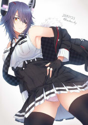 Rule 34 | 1girl, armpits, bare shoulders, black gloves, breasts, checkered clothes, checkered necktie, checkered neckwear, commentary request, dated, eyepatch, fur collar, gloves, hair ornament, hair over one eye, hairclip, hand on own hip, headgear, kanden sky, kantai collection, large breasts, looking at viewer, necktie, panties, pantyshot, partially fingerless gloves, plaid, plaid skirt, purple hair, short hair, skirt, sleeveless, solo, standing, tenryuu (kancolle), tenryuu kai ni (kancolle), thighhighs, twitter username, underwear, unmoving pattern, white panties, yellow eyes