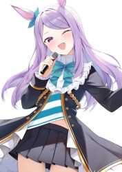 Rule 34 | 1girl, ;d, absurdres, animal ears, aqua bow, aqua bowtie, black skirt, blush, bow, bowtie, ear bow, highres, holding, holding microphone, horse ears, horse girl, horse tail, long hair, long sleeves, looking at viewer, mejiro mcqueen (umamusume), microphone, one eye closed, open mouth, pleated skirt, purple eyes, purple hair, rei (ilust9999), revision, skirt, smile, tail, umamusume