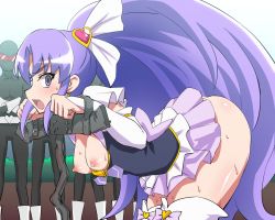 Rule 34 | 10s, 1girl, ass, bdsm, bent over, blush, bondage, bound, breasts, breasts out, cure fortune, happinesscharge precure!, hikawa iona, legs, long hair, looking back, nipples, no bra, no panties, open mouth, pillory, precure, purple eyes, purple hair, restrained, skirt, small breasts, standing, stationary restraints, suigin cigarette, sweat, thighs