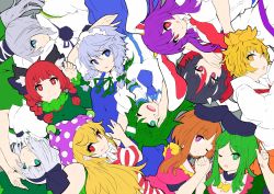 Rule 34 | 6+girls, :3, :o, :q, ;), ;d, american flag dress, animal ear fluff, animal ears, arm up, black bow, black hair, black hairband, black hat, black ribbon, blonde hair, blouse, blue dress, blue eyes, blue neckwear, blue skirt, bob cut, bow, braid, breasts, brown hair, cat ears, clownpiece, collarbone, commentary request, cone horns, covering own mouth, dress, flat color, frog hair ornament, green bow, green dress, green eyes, green hair, green ribbon, green vest, grey background, hair between eyes, hair bow, hair ornament, hair ribbon, hair tubes, hairband, hands up, hat, head tilt, highres, holding hands, horns, ishimu, izayoi sakuya, jester cap, kaenbyou rin, kijin seija, kochiya sanae, konpaku youmu, large breasts, long hair, long sleeves, looking at viewer, maid, maid headdress, medium breasts, mononobe no futo, multicolored hair, multiple girls, neck ribbon, neck ruff, necktie, nishida satono, one eye closed, open mouth, parted lips, pink dress, pink eyes, polka dot headwear, pom pom (clothes), ponytail, profile, puffy short sleeves, puffy sleeves, purple hair, purple hat, rabbit ears, red dress, red eyes, red hair, red neckwear, red sailor collar, reisen udongein inaba, ribbon, sailor collar, shirt, short hair, short hair with long locks, short sleeves, simple background, single sidelock, skirt, smile, snake hair ornament, streaked hair, striped clothes, striped dress, teireida mai, tongue, tongue out, toramaru shou, touhou, twin braids, twintails, upper body, upside-down, vest, white dress, white hair, white shirt, wide sleeves, wing collar, yellow bow, yellow eyes