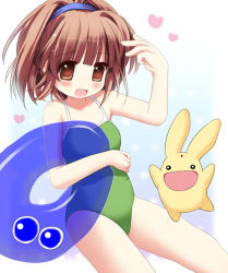 Rule 34 | 1girl, arle nadja, blunt bangs, blush, brown eyes, brown hair, casual one-piece swimsuit, gradient background, green one-piece swimsuit, heart, looking at viewer, one-piece swimsuit, open mouth, puyopuyo, short hair, simple background, swimsuit