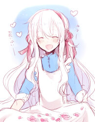 Rule 34 | 1girl, :d, ^ ^, apron, blue dress, blush, closed eyes, collared dress, commentary request, double-parted bangs, dress, facing viewer, frilled apron, frills, gradient background, hairband, happy, heart, kagerou project, kozakura marry, kyokutsuki, light blue background, limited palette, long hair, mandarin collar, open mouth, petals, red hairband, red ribbon, ribbon, sketch, skirt basket, skirt hold, sleeve cuffs, sleeves past elbows, smile, solo, translated, upper body, wavy hair, white apron, white background, white hair