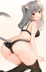 Rule 34 | 1girl, animal ears, ass, bare arms, bare shoulders, black bra, black panties, black thighhighs, bra, breasts, cat ears, cat girl, cat tail, grey hair, highres, katsushika pachi, lace, lace-trimmed bra, lace-trimmed panties, lace trim, long hair, looking at viewer, looking back, medium breasts, open mouth, original, panties, red eyes, simple background, smile, solo, tail, tail raised, thighhighs, thighs, two side up, underwear, underwear only, white background