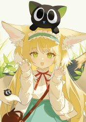 Rule 34 | 1girl, absurdres, animal, animal ear fluff, animal ears, animal on head, arknights, bag, black cat, blue hairband, blue skirt, cat, claw pose, commentary request, fox ears, fox girl, fox tail, frilled hairband, frills, grey background, hairband, hands up, heixiu, highres, kitsune, luo xiaohei, neck ribbon, on head, pingdiguo, red ribbon, ribbon, shirt, shoulder bag, simple background, skirt, suzuran (arknights), suzuran (spring praise) (arknights), tail, luo xiaohei zhanji, white shirt