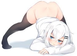 Rule 34 | 1girl, ass, black thighhighs, blue eyes, blush, bottomless, commentary request, dimples of venus, full body, hair ornament, hairclip, jack-o&#039; challenge, long sleeves, no shoes, original, otokuyou, parted lips, ringo-chan (otokuyou), short hair, silver hair, simple background, sleeves past wrists, solo, spread legs, sweater, thighhighs, top-down bottom-up, v-shaped eyebrows, white background, white sweater
