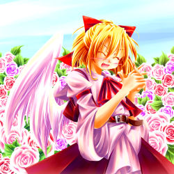 Rule 34 | 1girl, aishuu karasutengu, blonde hair, bow, flower, gengetsu (touhou), highres, red bow, touhou, touhou (pc-98), wings