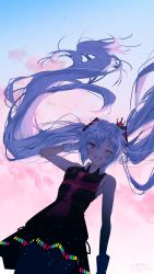 Rule 34 | 1girl, ;d, black dress, blue eyes, blue hair, blue sky, blush, breasts, cloud, cloudy sky, collared dress, commentary, day, dress, floating hair, gloves, hair between eyes, hand up, hatsune miku, highres, kimagure mercy (vocaloid), long hair, one eye closed, open mouth, outdoors, shirubaa, sky, sleeveless, sleeveless dress, small breasts, smile, solo, teeth, twintails, upper teeth only, very long hair, vocaloid, white gloves
