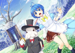 Rule 34 | 1girl, alice in wonderland, antenna hair, blue eyes, blue hair, blush, book, bow, bowtie, rabbit, cheshire cat (alice in wonderland), cuffs, dissolving clothes, field, furry, gloves, h kasei, hallway, hat, highres, holding, holding book, maid, mountain, open mouth, otoha shiori, pocket watch, ribbon, roudoku shoujo, short hair, skirt, socks, top hat, tree, tunnel, watch, white gloves, white rabbit (alice in wonderland), window