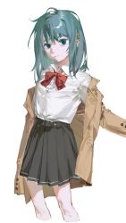 Rule 34 | 1girl, alternate hair color, baifeidaiwang, black skirt, blue eyes, blue hair, bow, bowtie, brown jacket, collared shirt, cropped legs, feet out of frame, hair ornament, hairclip, highres, jacket, jacket partially removed, long sleeves, looking at viewer, mahou shoujo madoka magica, mahou shoujo madoka magica (anime), medium hair, red bow, red bowtie, shirt, simple background, skirt, smile, solo, standing, white background, white shirt