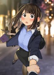 Rule 34 | 3girls, arm grab, backpack, bag, black skirt, blue shirt, blurry, blurry background, blush, bokeh, brown eyes, brown hair, collared shirt, depth of field, douki-chan (douki-chan), embarrassed, foreshortening, formal, ganbare douki-chan, has bad revision, has downscaled revision, highres, holding, holding bag, jacket, kouhai-chan (douki-chan), looking at viewer, md5 mismatch, miniskirt, multiple girls, office lady, open mouth, pantyhose, pencil skirt, pov, pov hands, pulling, resolution mismatch, senpai-san (douki-chan), shirt, shopping bag, skirt, skirt suit, sleeves rolled up, solo focus, source smaller, suit, surprised, tight skirt, wide-eyed, yomu (sgt epper)