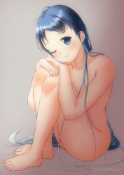 Rule 34 | 1girl, barefoot, blue eyes, blue hair, blush, closed mouth, commentary request, completely nude, full body, grey background, hugging own legs, kantai collection, long hair, looking at viewer, mae (maesanpicture), nude, one eye closed, samidare (kancolle), simple background, sitting, solo, twitter username, very long hair